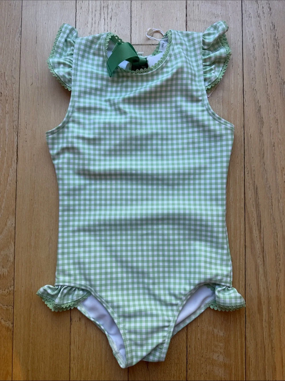 Girls Minnow Green Gingham Ruffle One-Piece Swimsuit